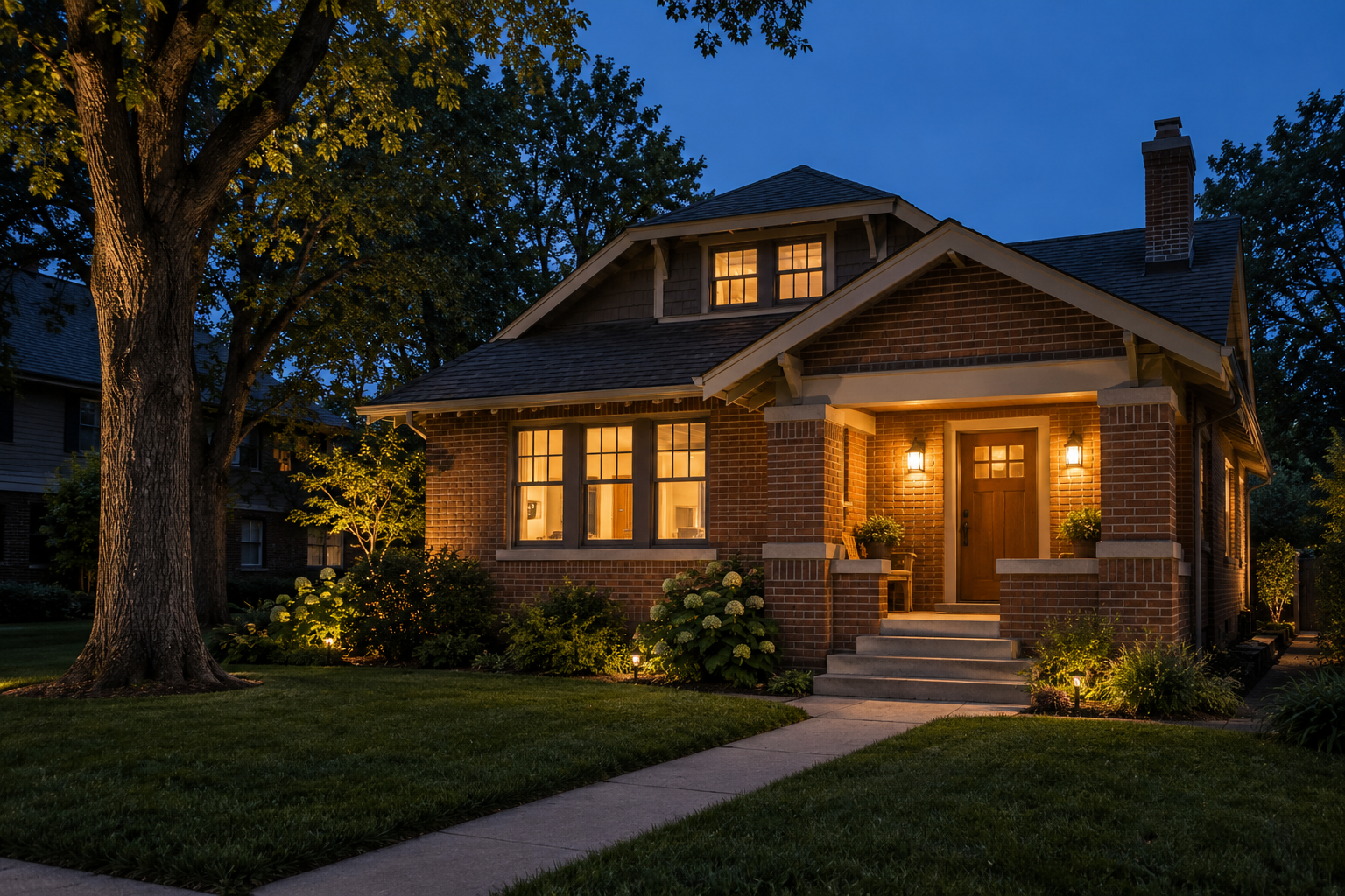 Illustrative brick home with a raised foundation and front steps